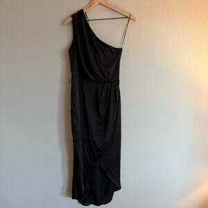 Baltic Born Celia One Shoulder Midi Dress, Size Medium Black Satin Silky NWT